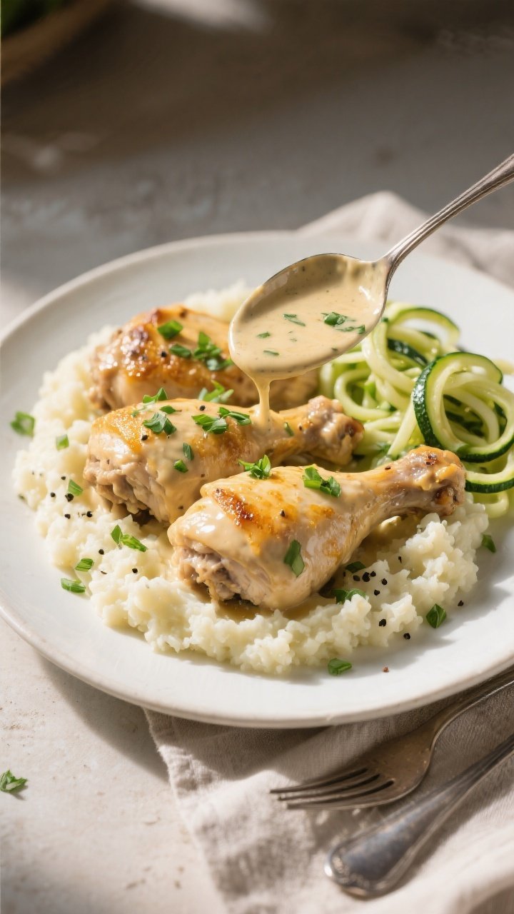 Final plated dish, restaurant-quality presentation: Keto Crockpot Creamy Ranch Chicken Thighs served