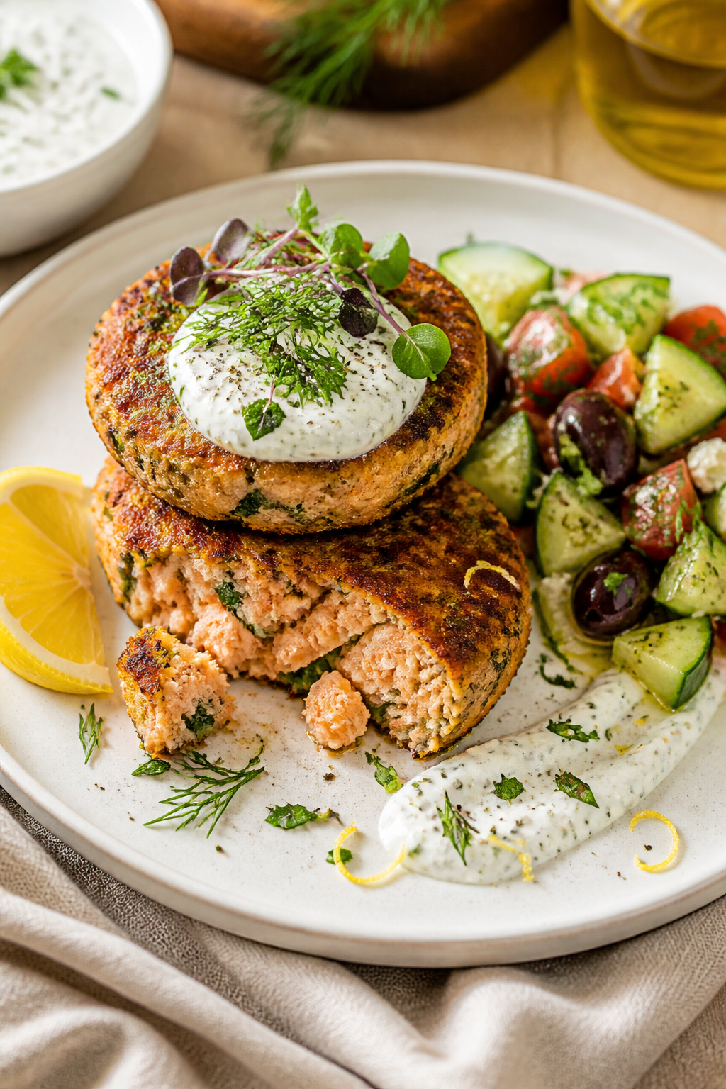 Final plated dish: Restaurant-quality presentation of Mediterranean Feta Keto Salmon Cakes stacked o