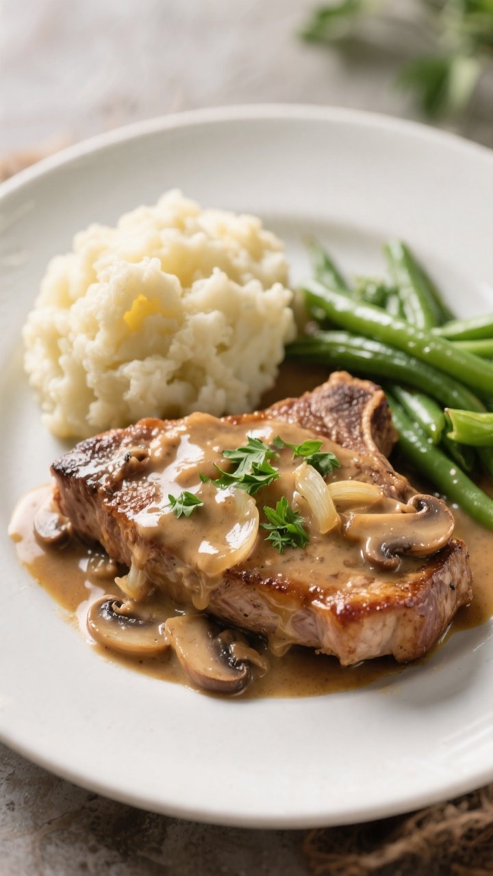 Final plated dish: restaurant-quality presentation of Keto Crockpot Smothered Pork Chops on a matte 