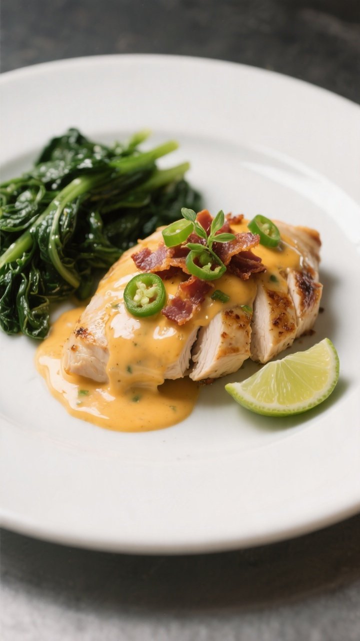 Final plated dish: Restaurant-quality presentation of a single chicken breast sliced on a white rimm
