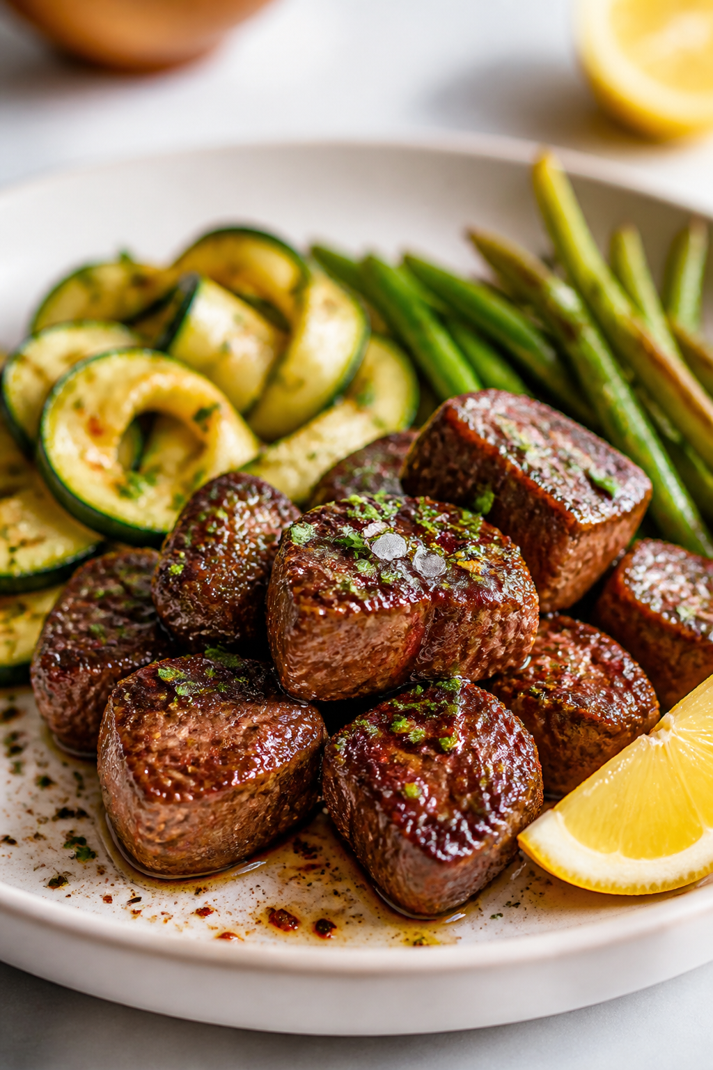 Final plated dish: Restaurant-quality presentation of Garlic Butter Steak Bites on a matte white pla