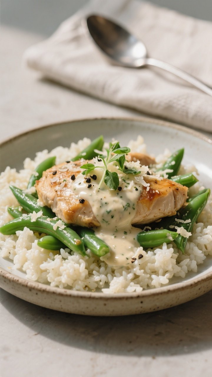 Final plated dish: Restaurant-quality presentation of Keto Ranch Chicken & Green Beans over a bed of