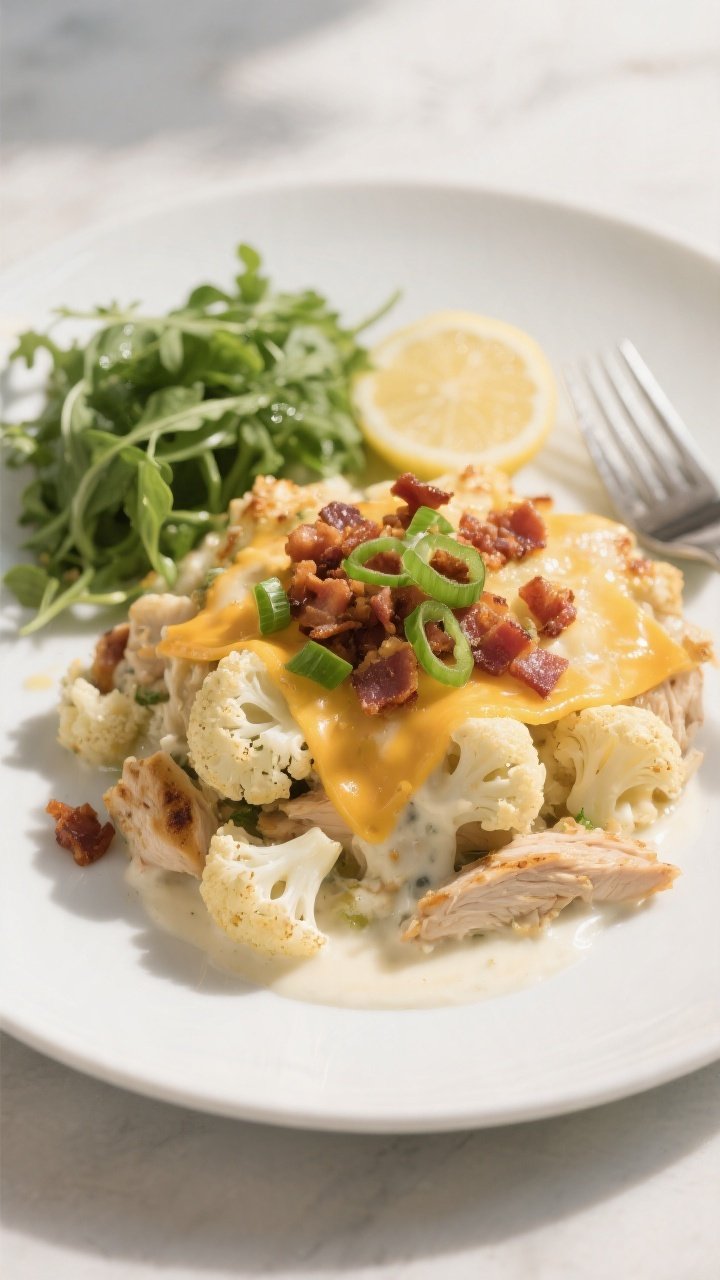 Final plated dish: Restaurant-quality presentation of a generous scoop of Keto Crack Chicken Caulifl