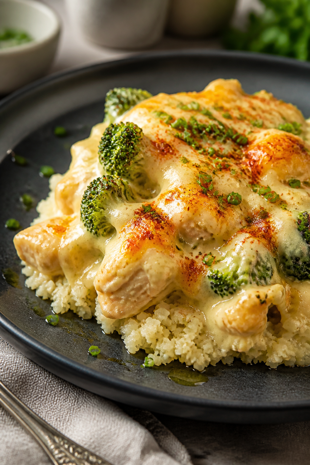 Final plated dish: Restaurant-quality presentation of a single serving of Keto Cream Cheese Chicken 