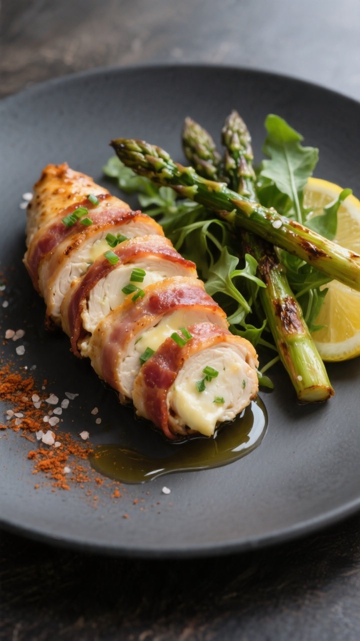 Final plated dish: Restaurant-quality presentation of a bacon-wrapped cheesy chicken breast sliced i