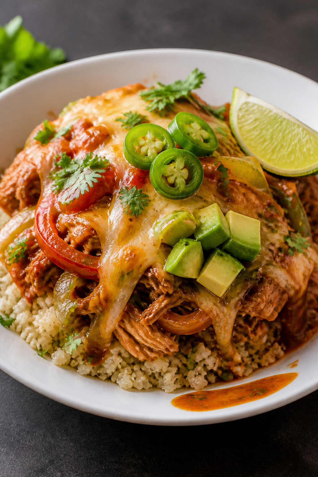 Final plated dish: Restaurant-quality presentation of a single low carb chicken enchilada bowl—ste
