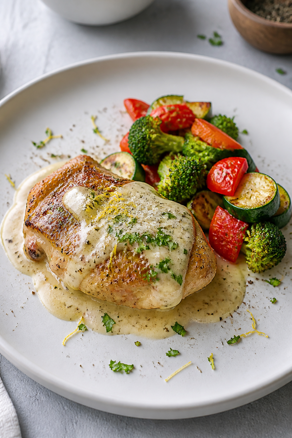 Final plated dish: Restaurant-quality presentation of Keto Lemon Pepper Chicken on a matte white pla