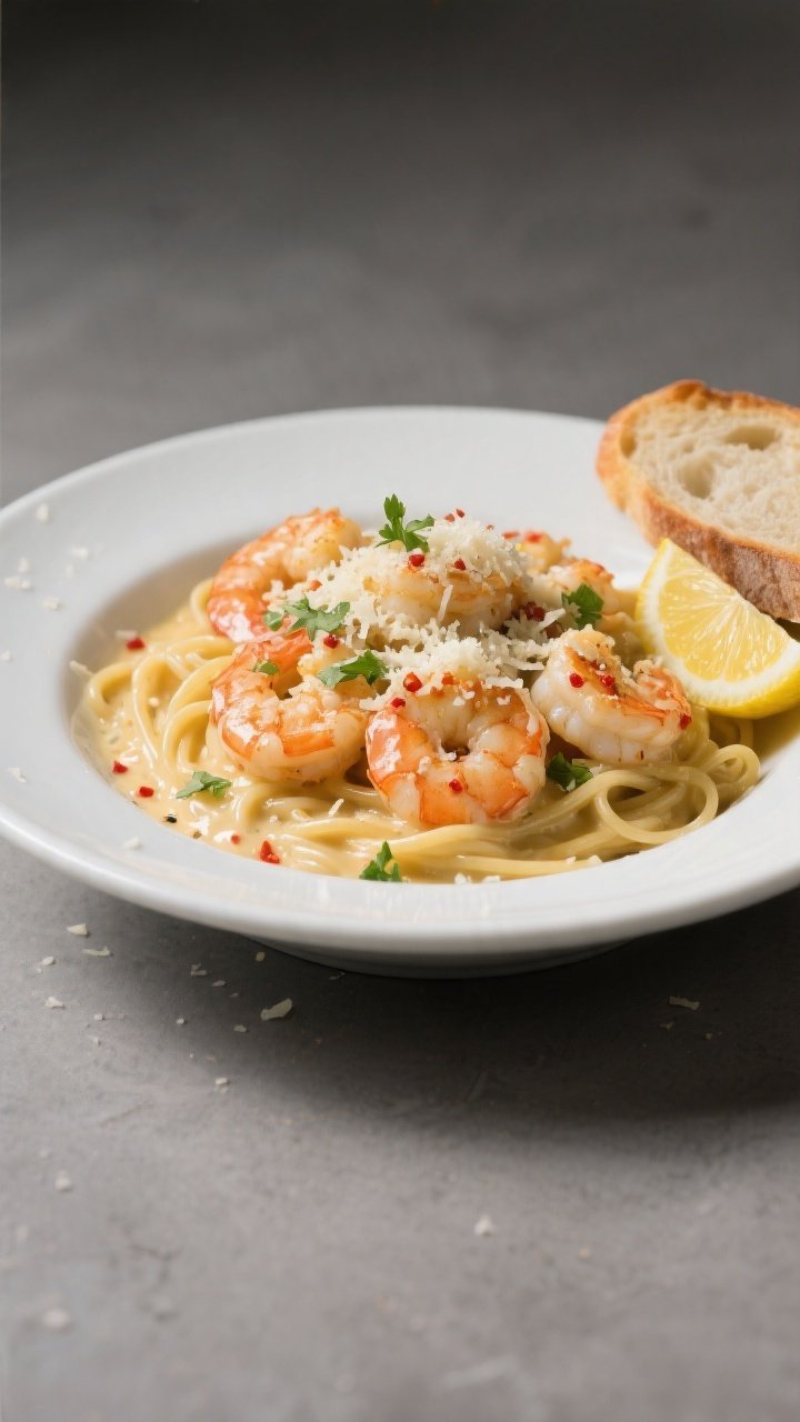 Final plated dish: Restaurant-quality presentation of Creamy Garlic Parmesan Shrimp Bake served over