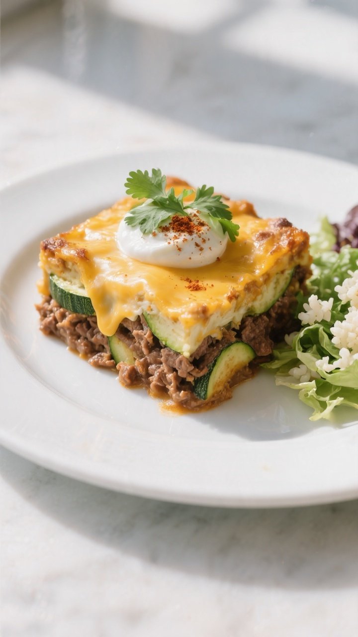 Final plated dish, restaurant-quality presentation: A neatly cut square of the casserole plated on a