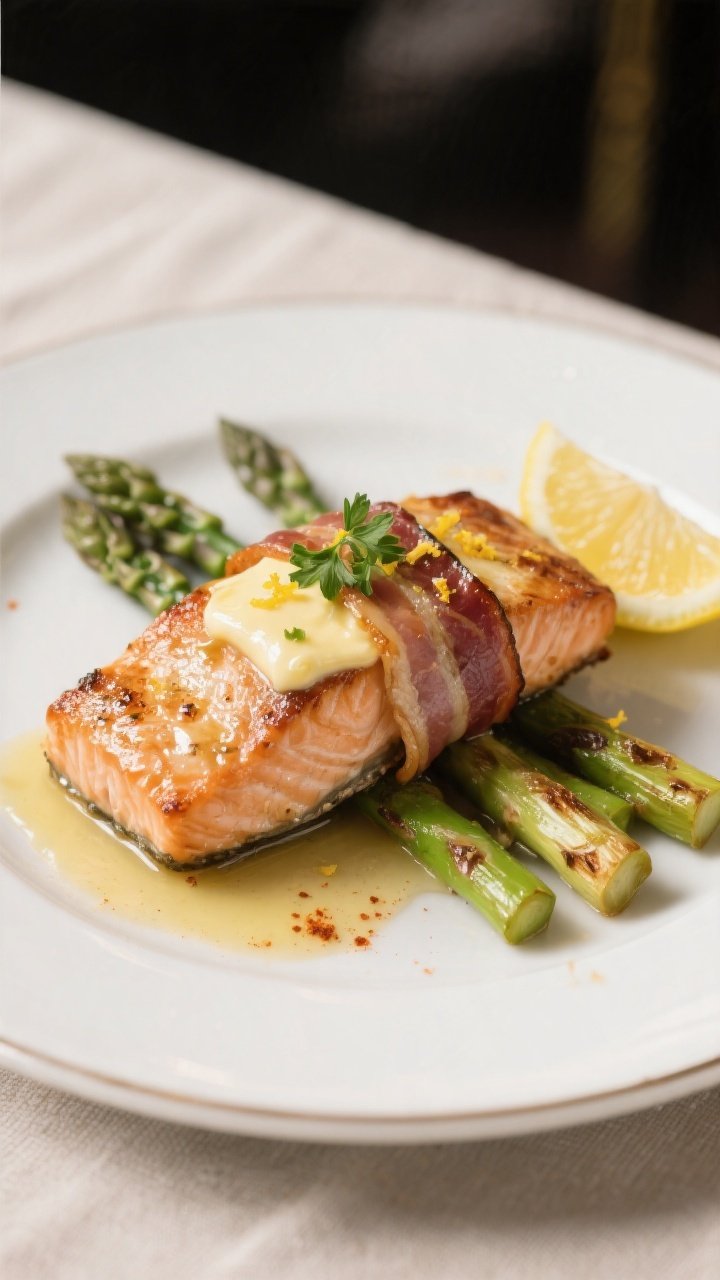 Final plated dish: Restaurant-quality presentation of bacon wrapped garlic butter salmon on a white 