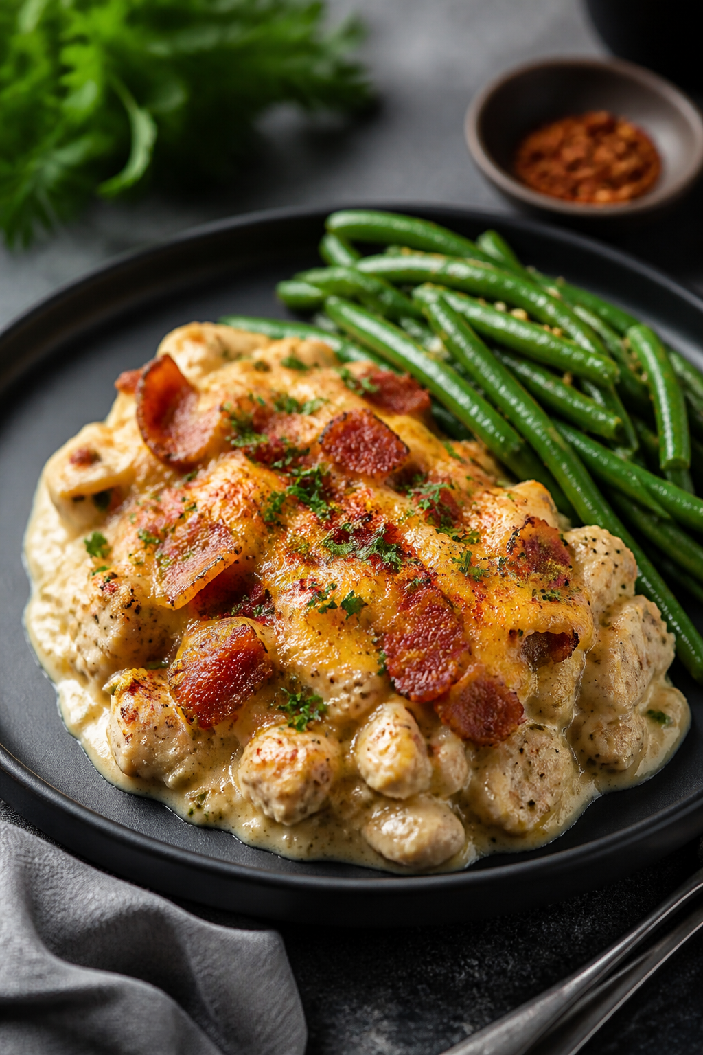 Final plated dish: Restaurant-quality presentation of a generous scoop of Easy Keto Chicken Bacon Ra