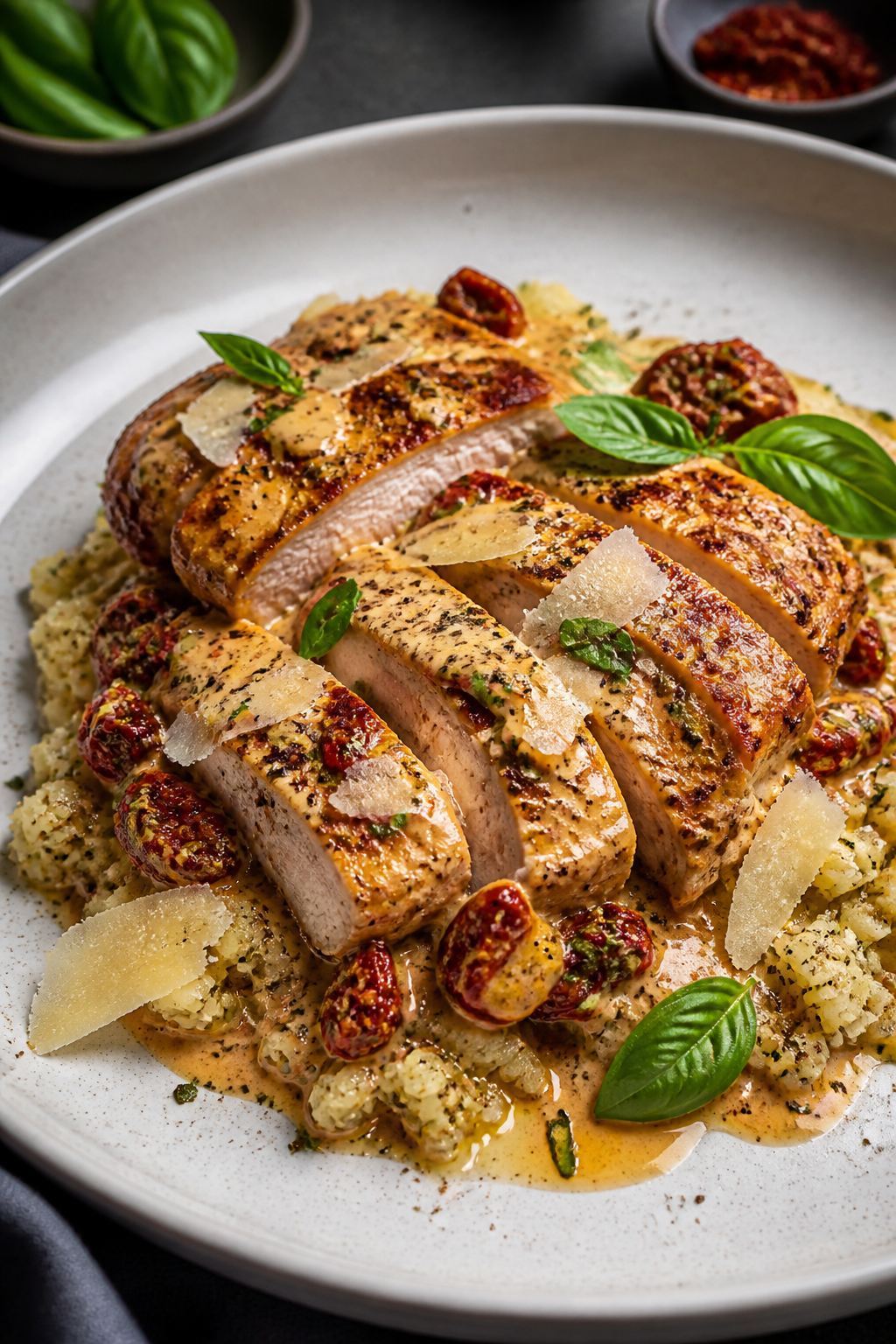Final plated dish: Restaurant-quality presentation of Keto Marry Me Chicken on a wide, shallow white