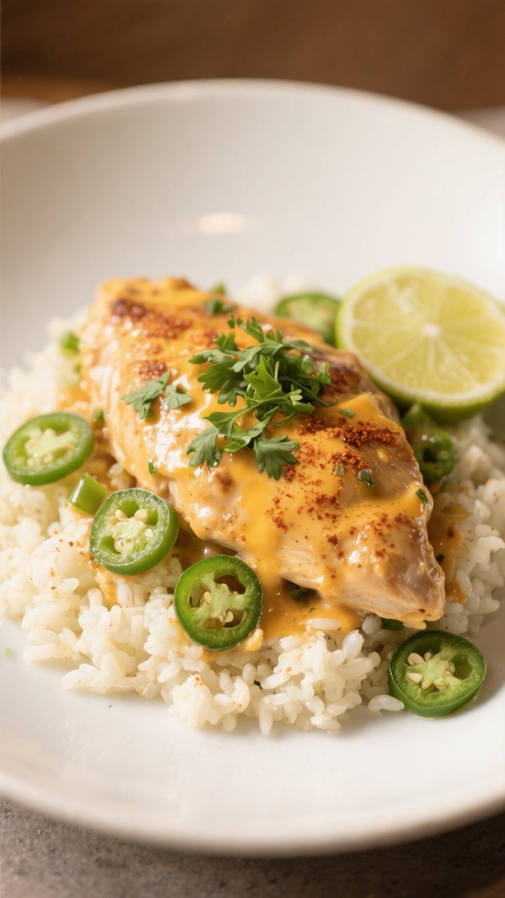 Final plated dish: Restaurant-quality presentation of the jalapeño cheddar chicken spooned over but