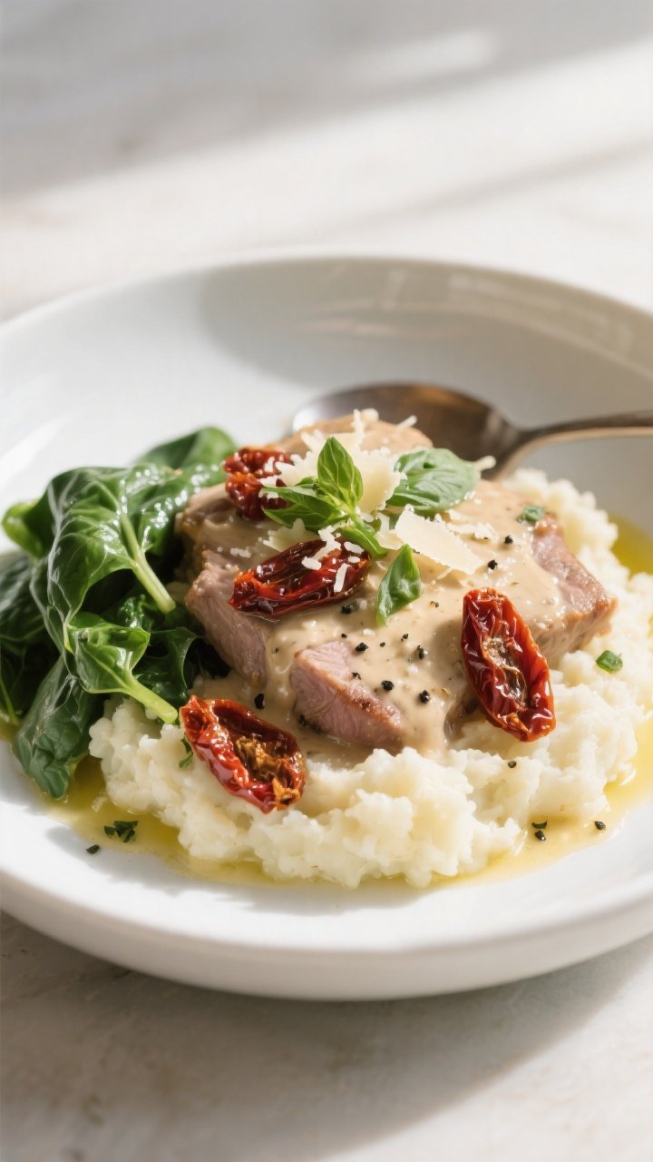 Final plated dish: Restaurant-quality presentation of Keto Crockpot Creamy Garlic Tuscan Pork spoone