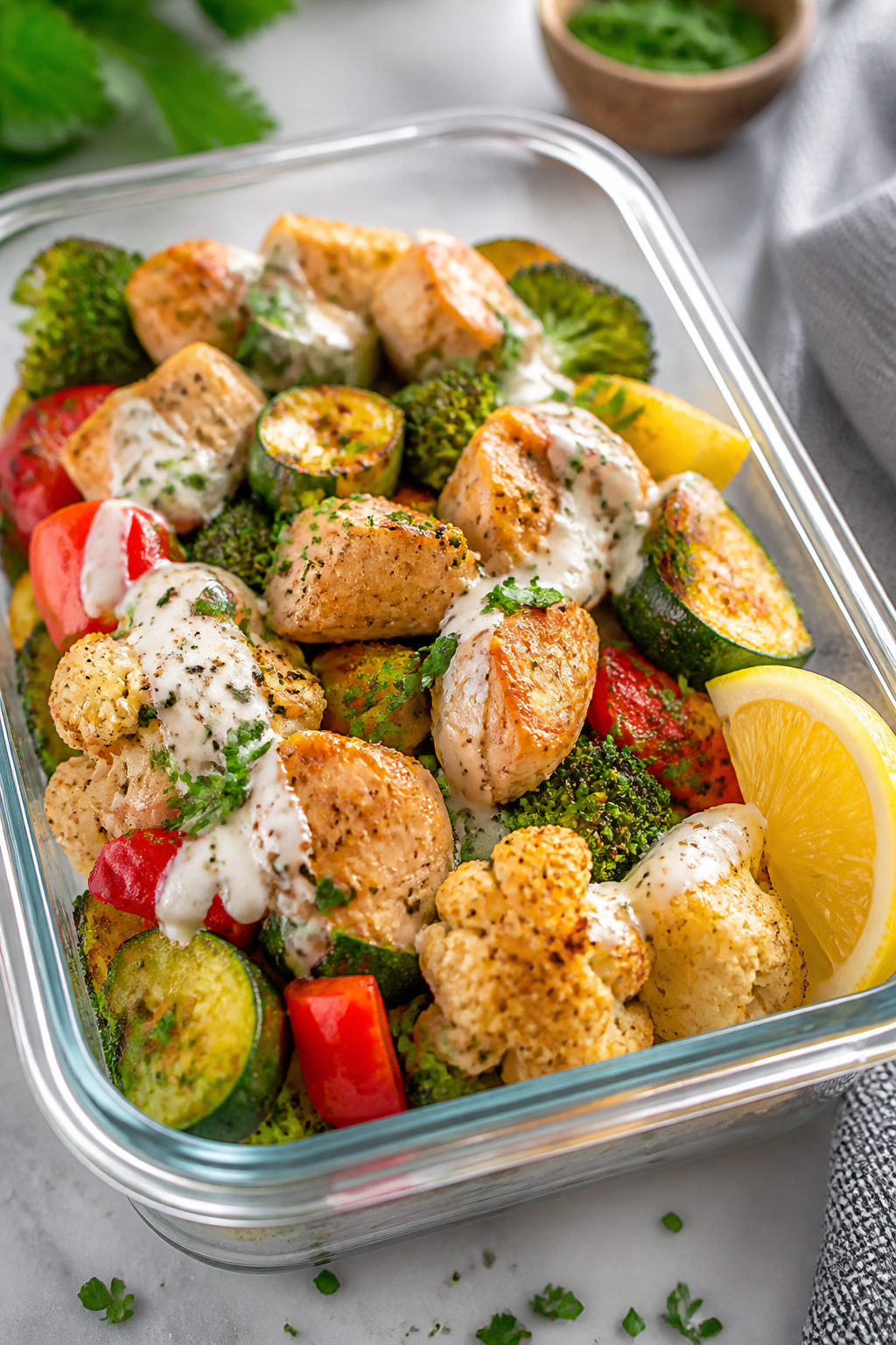 Final plated dish: Restaurant-quality presentation of Keto Ranch Chicken and Veggie Meal Prep portio
