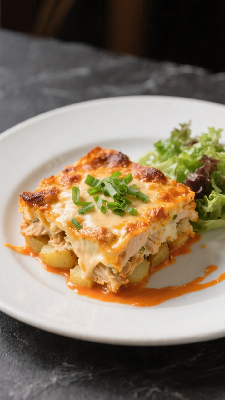 Final plated dish: Restaurant-quality presentation of a tidy square of Buffalo Ranch Chicken Cassero