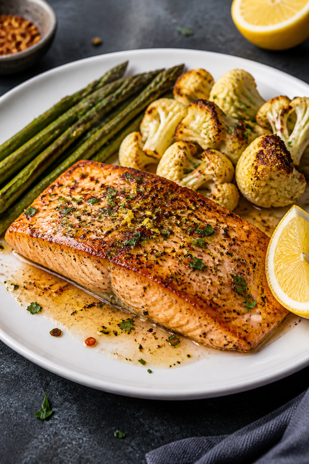Final plated dish: Restaurant-quality presentation of keto lemon garlic butter salmon on a matte whi