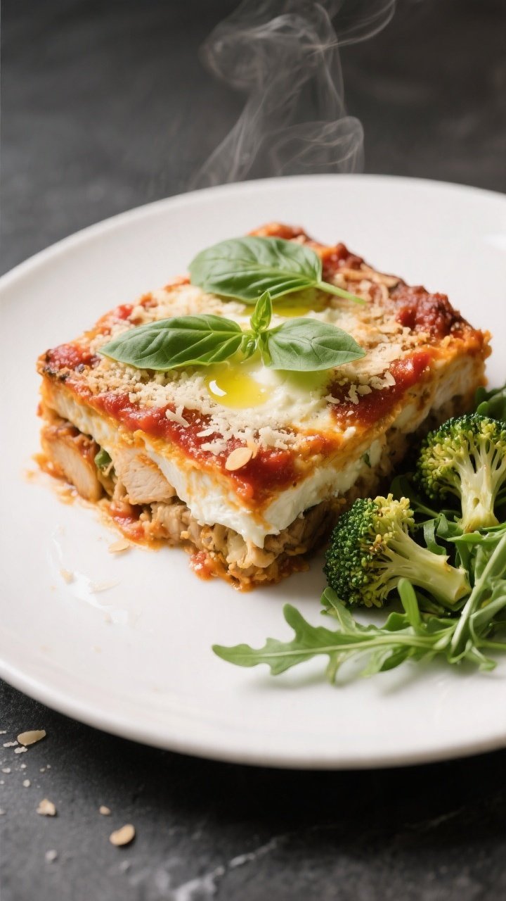 Final plated dish: Restaurant-quality presentation of a square of Keto Chicken Parmesan Casserole on
