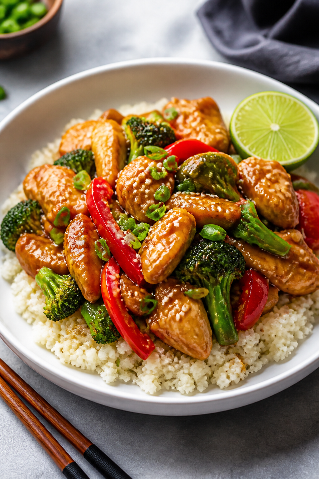 Final plated dish: Restaurant-quality presentation of keto chicken stir fry mounded over garlicky ca