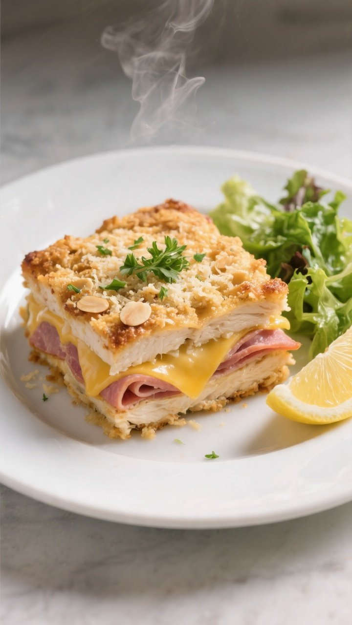 Final plated dish: Restaurant-quality presentation of a generous square of Keto Chicken Cordon Bleu 
