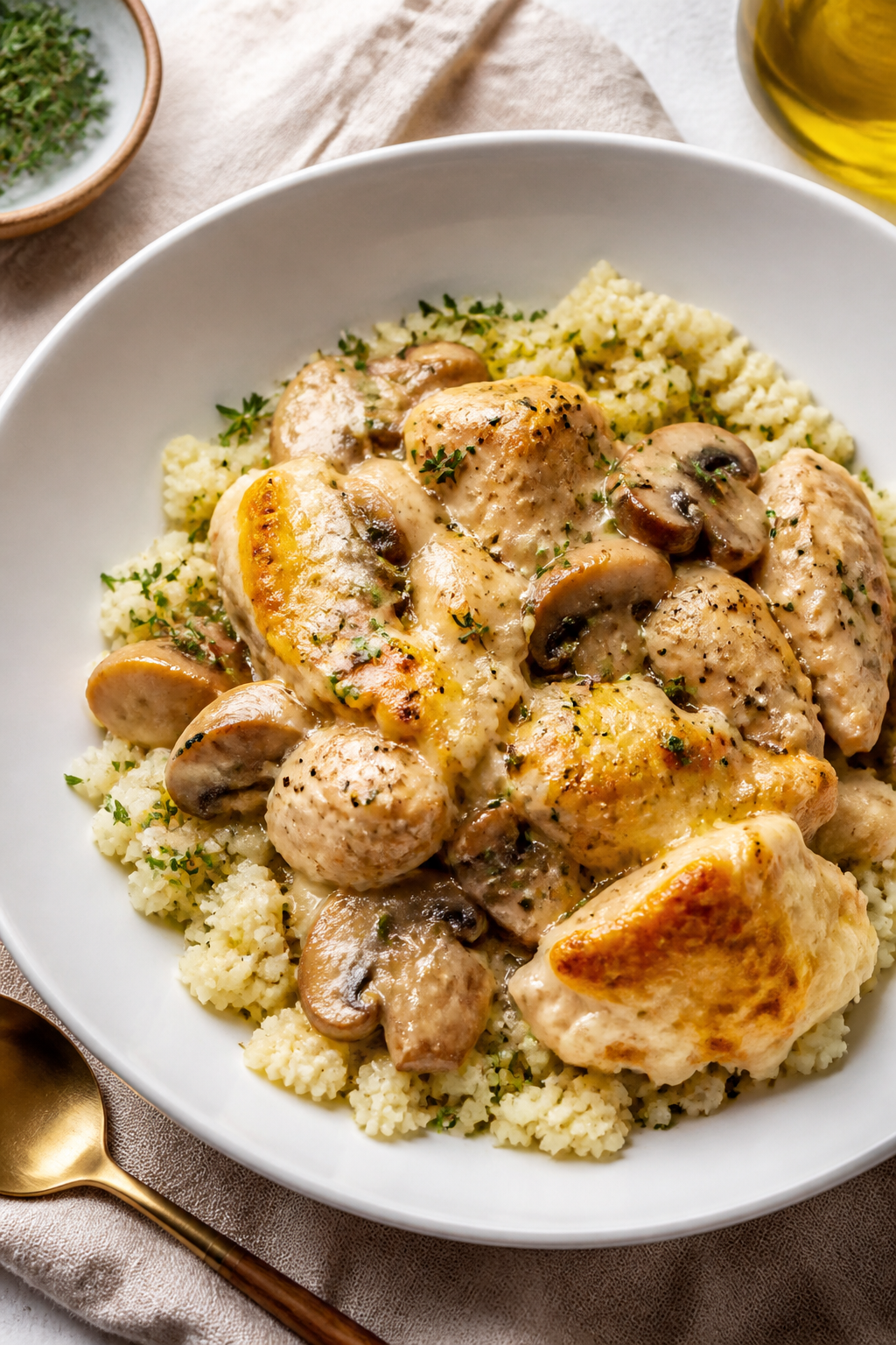 Final plated dish: Restaurant-quality presentation of a generous spoonful of the Chicken Mushroom Ba
