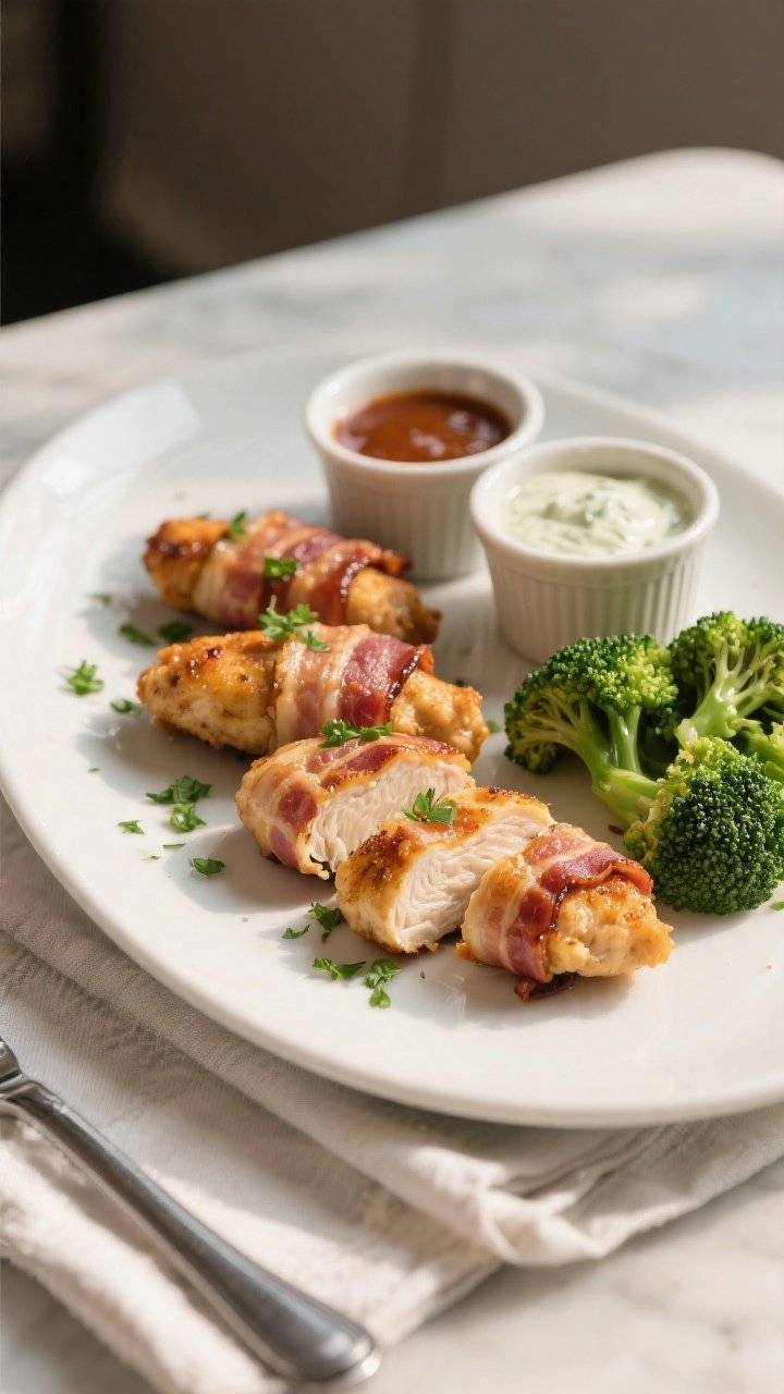 Final plated dish: Restaurant-quality presentation of keto bacon-wrapped chicken tenders on a matte 