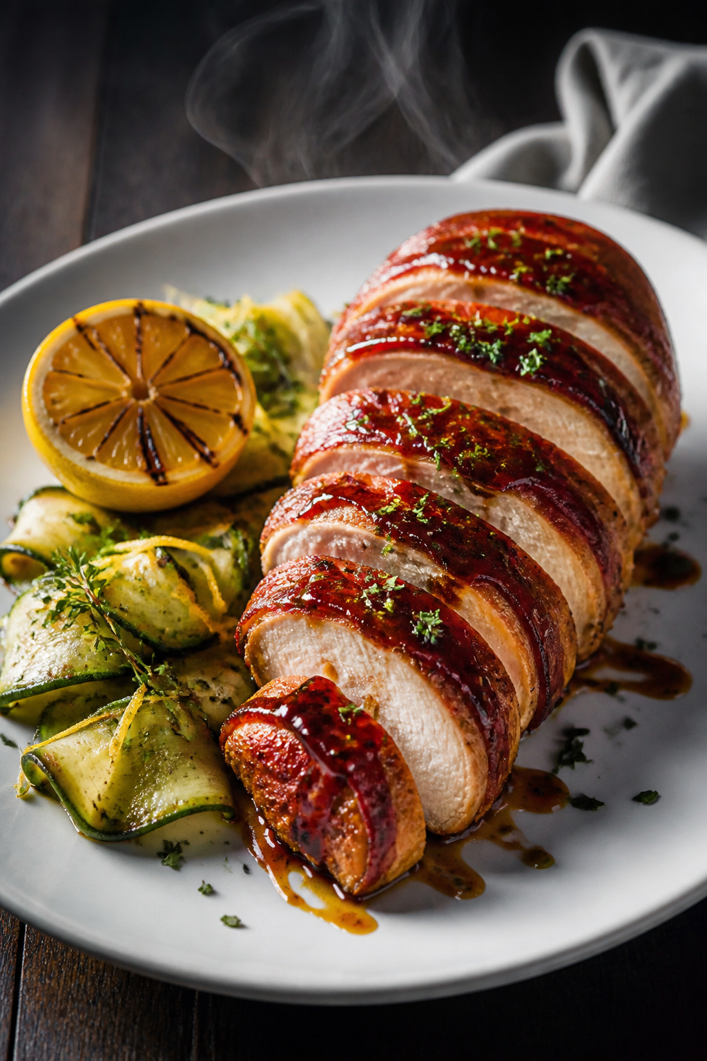 Final plated dish: Restaurant-quality presentation of a whole bacon-wrapped chicken breast sliced on