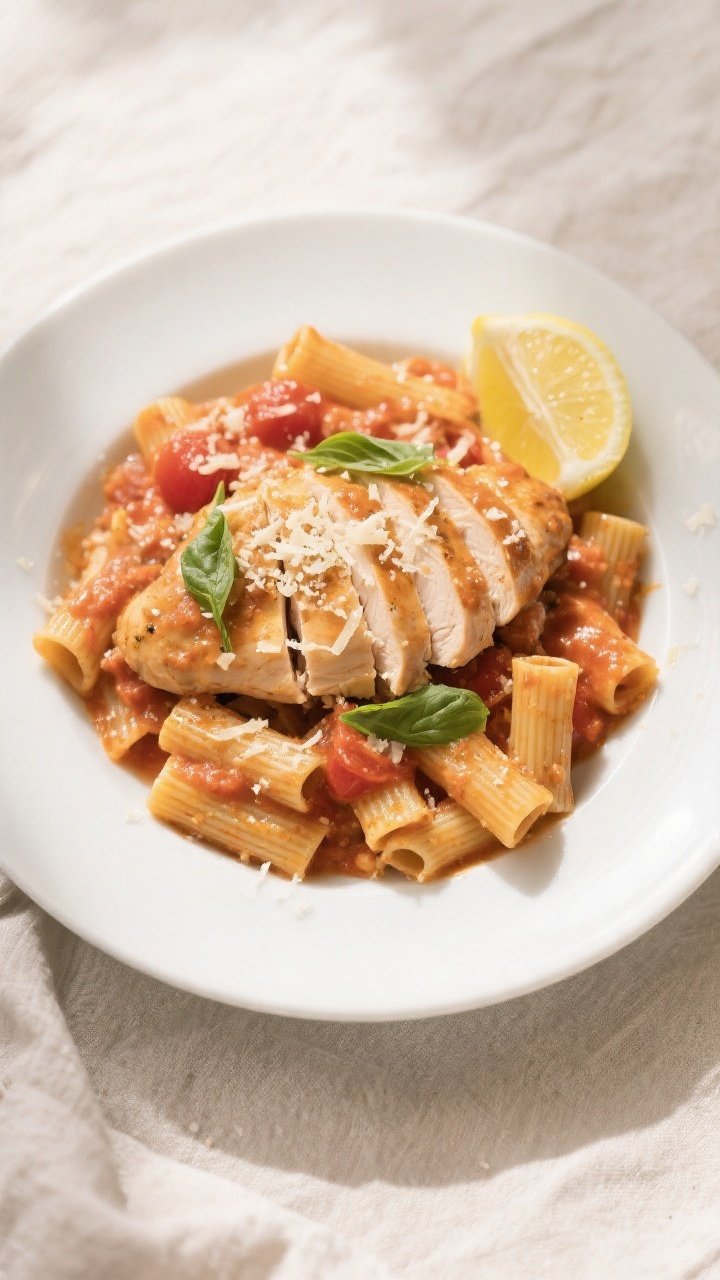 Final plated dish: Restaurant-quality presentation of One-Skillet Creamy Tomato Chicken over al dent
