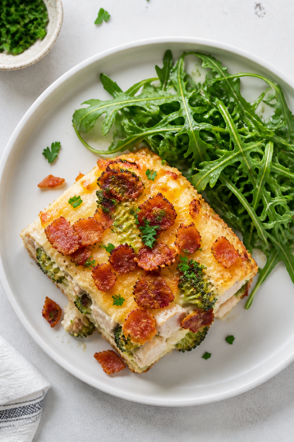 Final plated dish: Restaurant-quality presentation of a neatly sliced square of Keto Chicken Bacon R