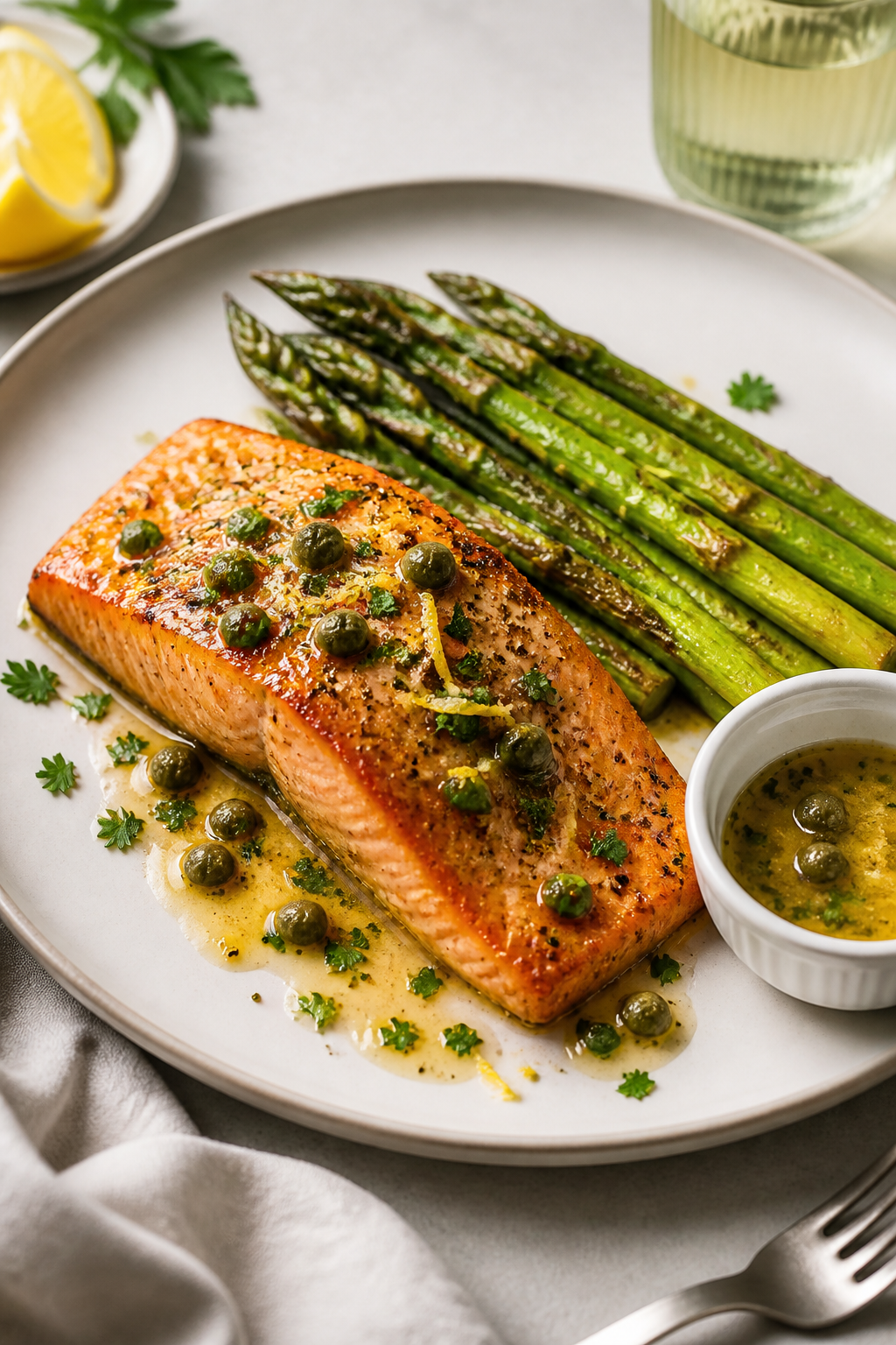 Final plated dish: Restaurant-quality presentation of keto salmon and asparagus on a matte white pla