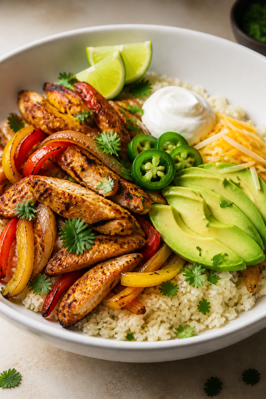 Final plated dish, restaurant-style: Beautifully plated keto chicken fajitas over fluffy cauliflower