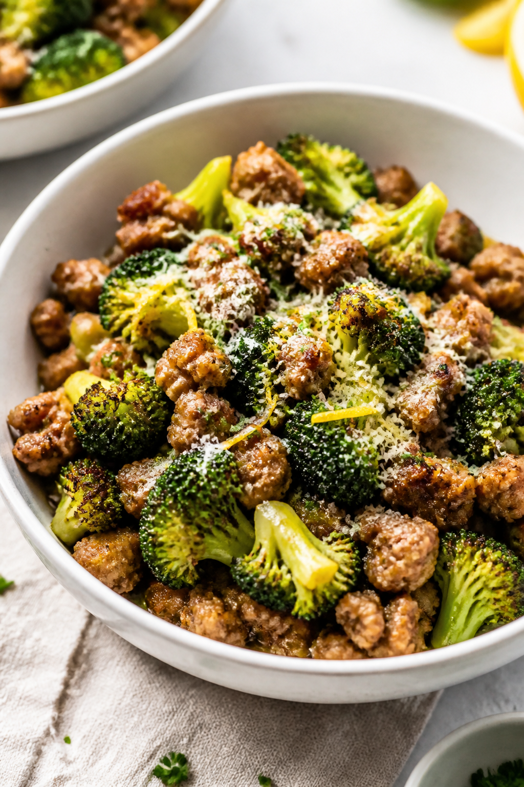Final plated dish, restaurant-style: Keto Sausage and Broccoli Bowls served in wide, matte-white bow