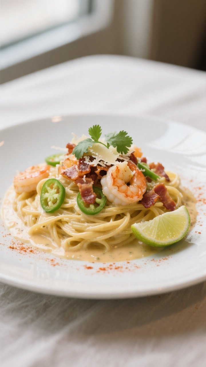 Final plated dish: Restaurant-style presentation of Creamy Jalapeño Bacon Shrimp over buttered past