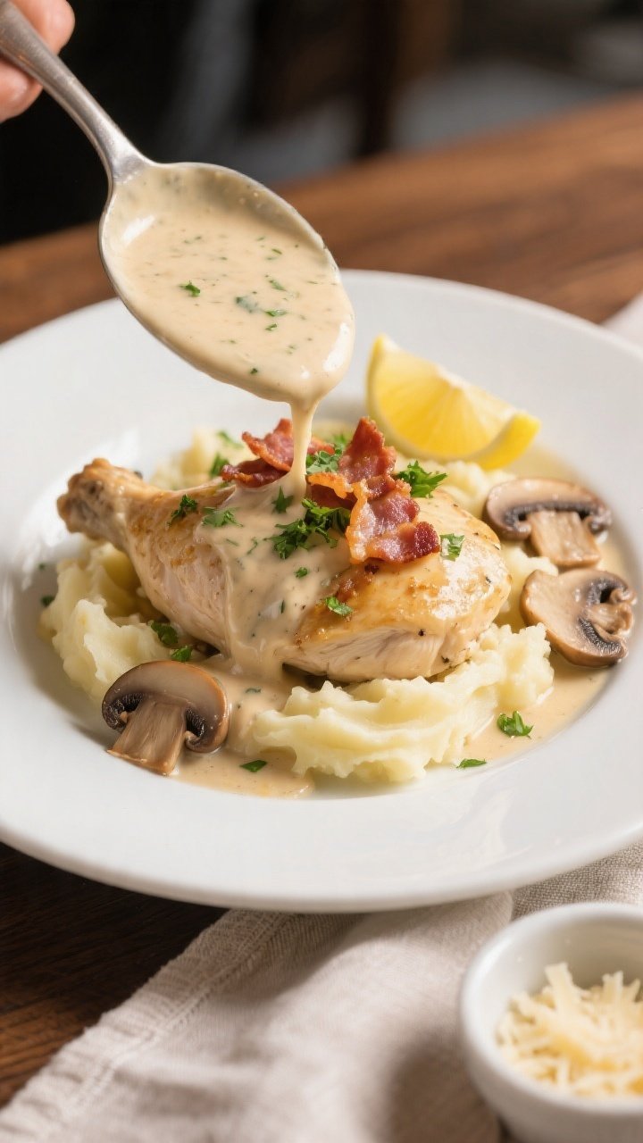 Final plated dish: Restaurant-style presentation of Creamy Bacon Mushroom Chicken over buttery mashe