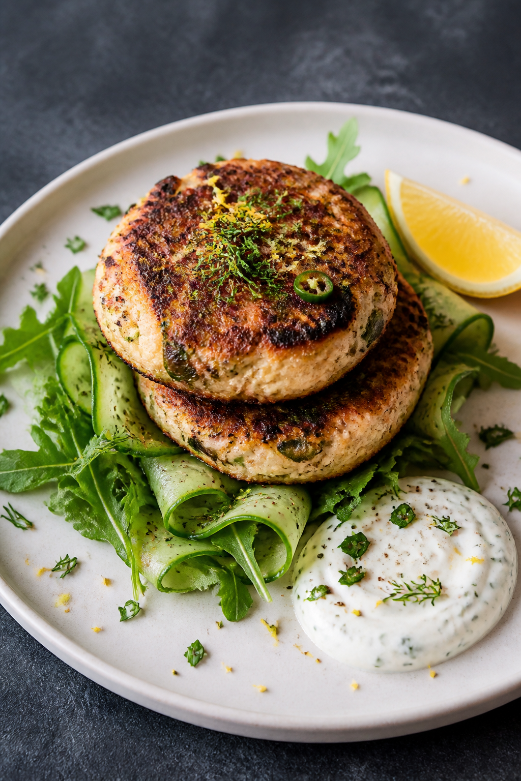 Final plated dish: Two Jalapeño Ranch Keto Salmon Patties stacked slightly offset on a matte white