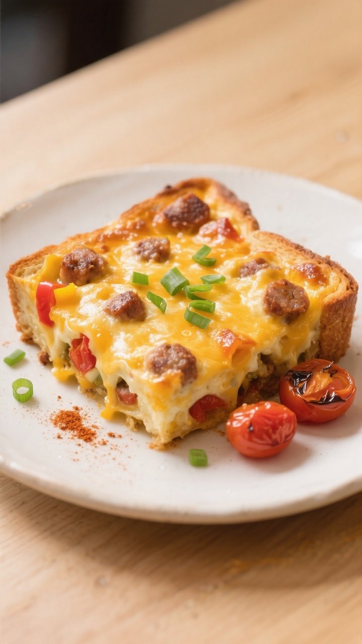 Final plated — Golden, cheesy breakfast-for-dinner bake: Beautifully plated square of Cheesy Sausa