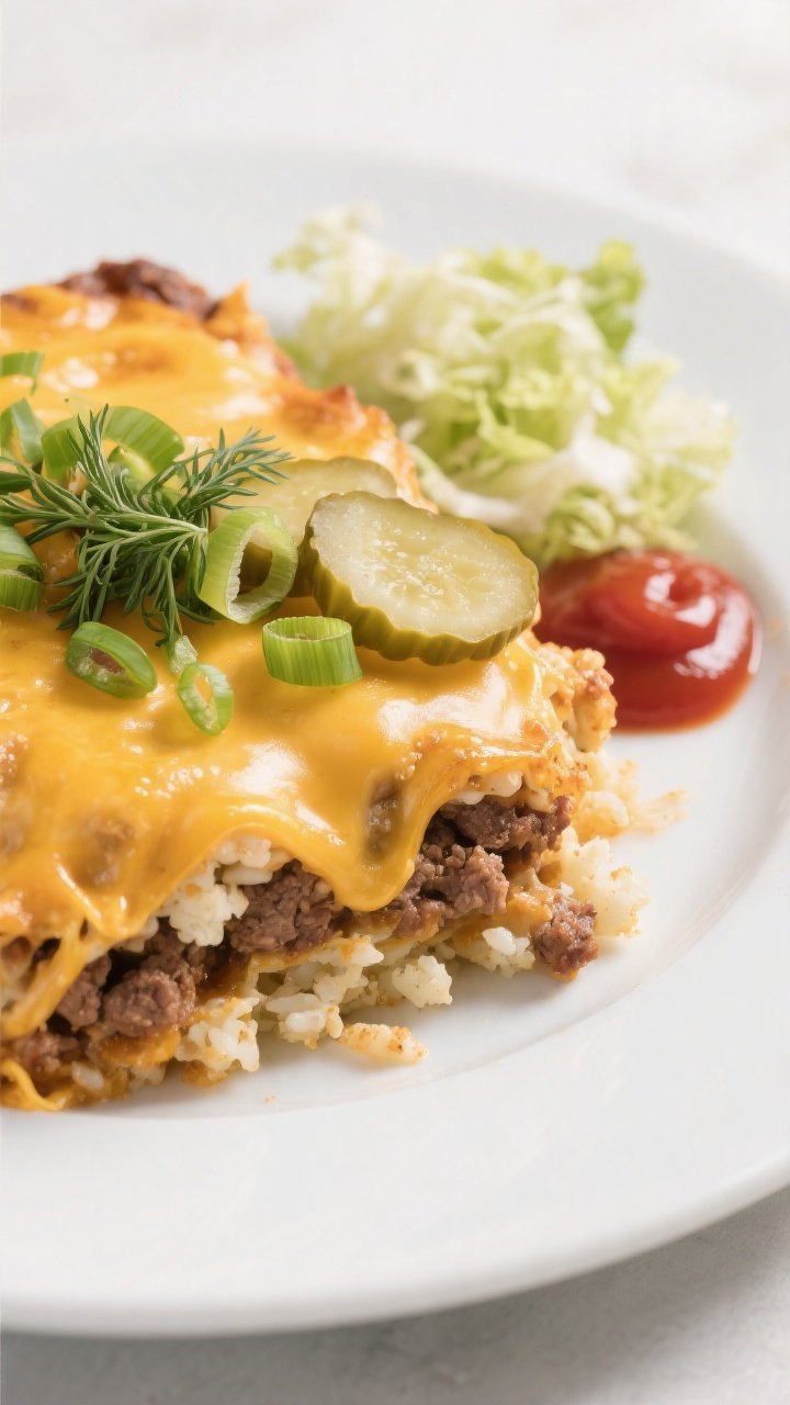 Final plated hero: A generous scoop of the finished cheeseburger casserole on a matte white plate, c