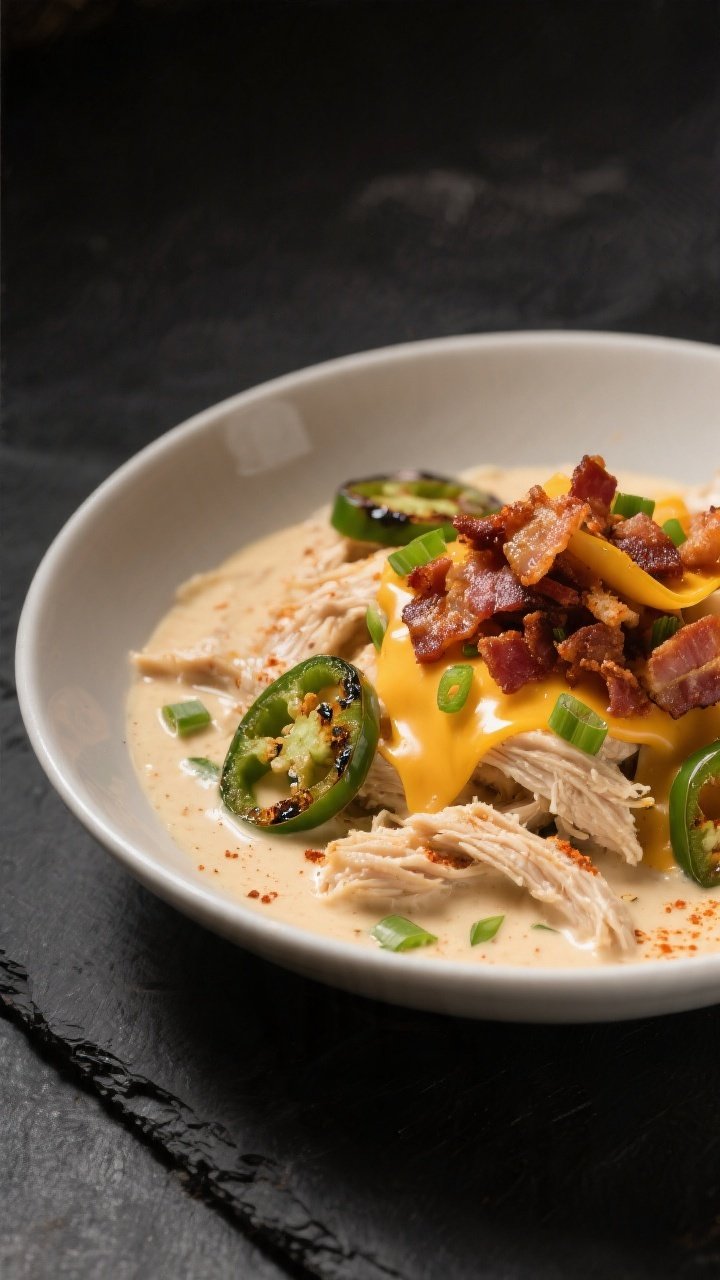 Final plated hero: Beautifully plated bowl of creamy jalapeño popper chicken served on its own, thi