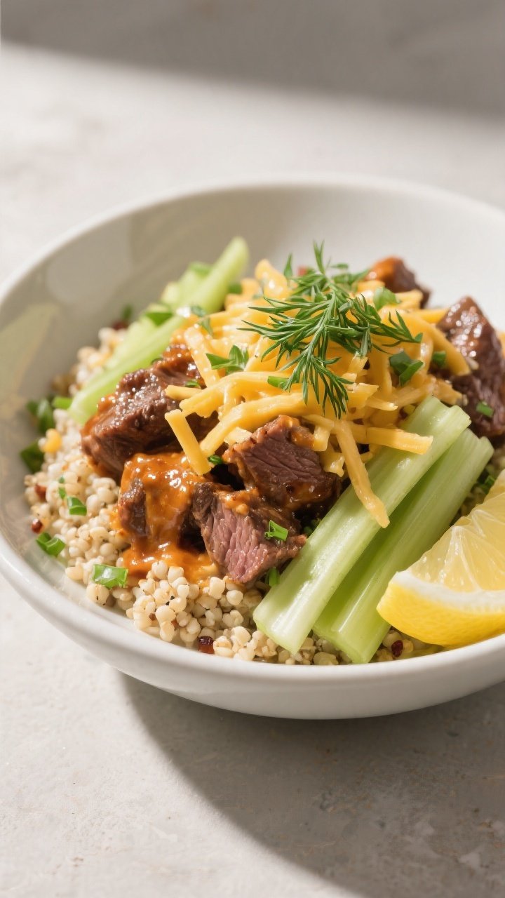 Final plated hero: Beautifully plated Buffalo Ranch Beef Bowl with quinoa base, the beef glistening 