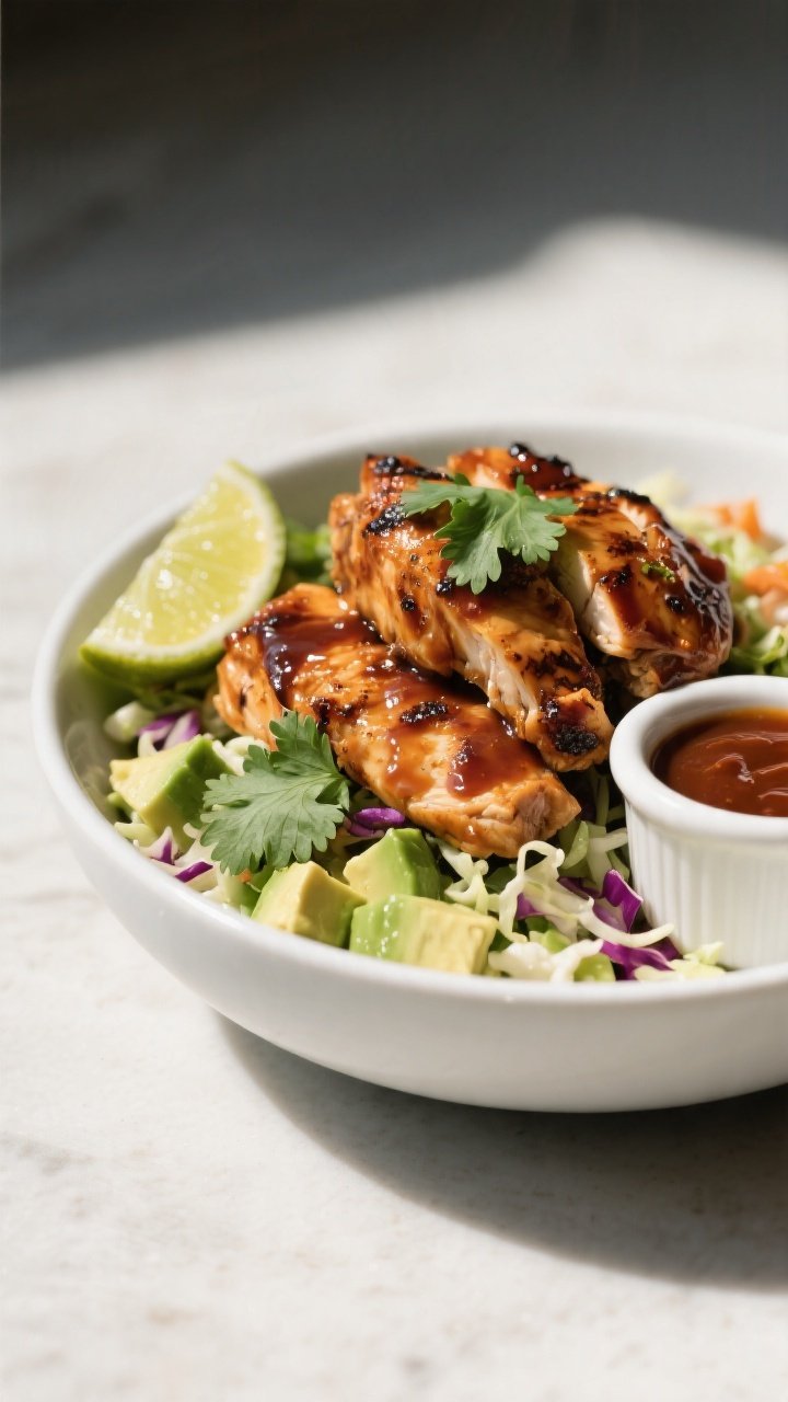 Final plated hero: Beautifully plated Keto BBQ Chicken Bowl in a wide white bowl, restaurant-quality