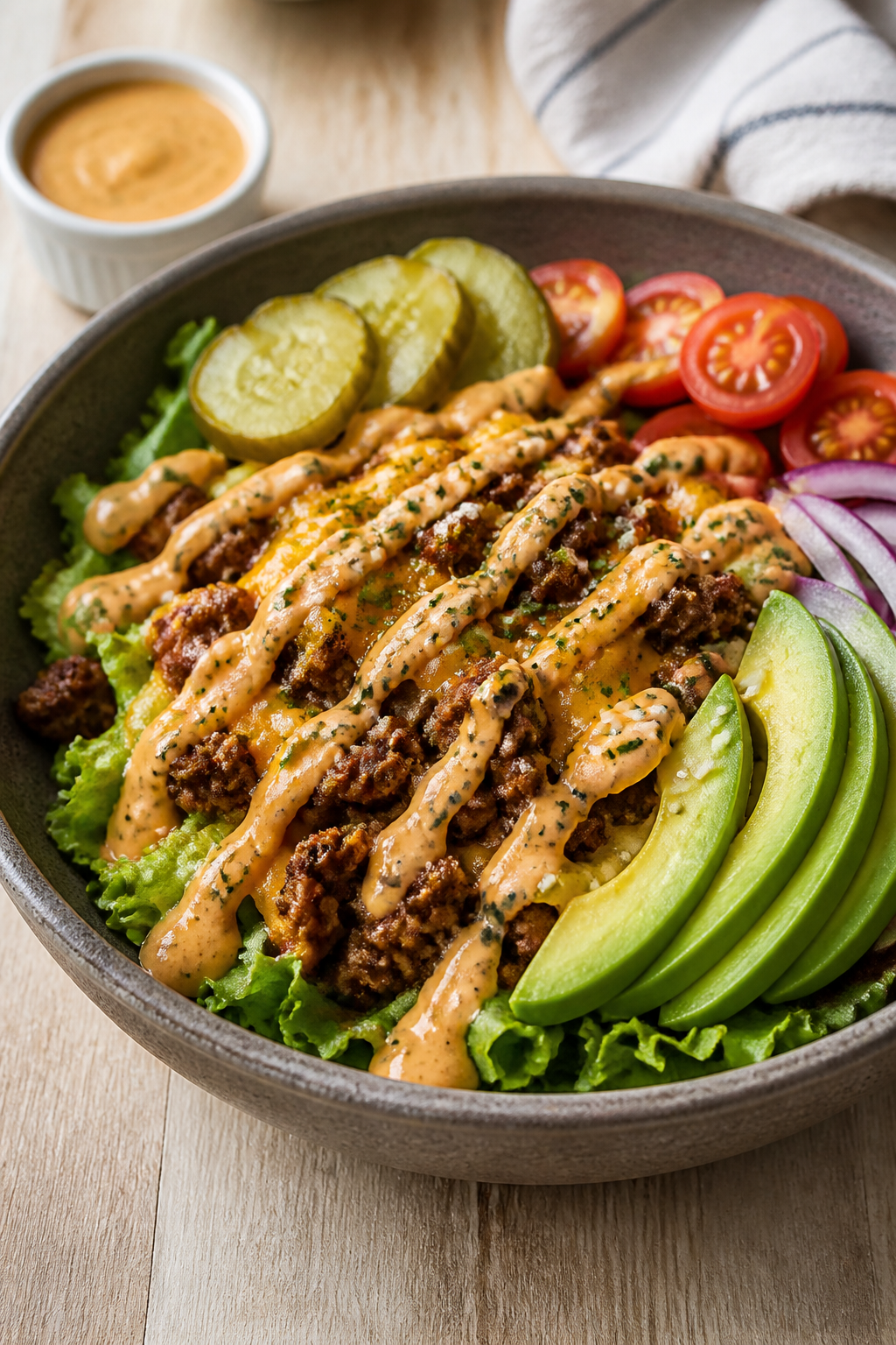 Final plated hero: Restaurant-quality bowl of Keto Cheeseburger Meal Prep—juicy beef crumbles nest
