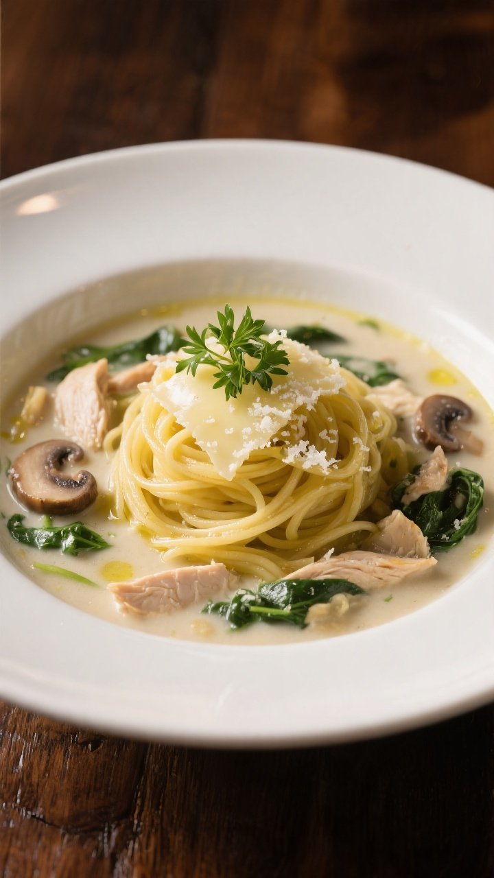 Final plated hero: Restaurant-quality presentation of the finished soup in a wide, shallow white bow