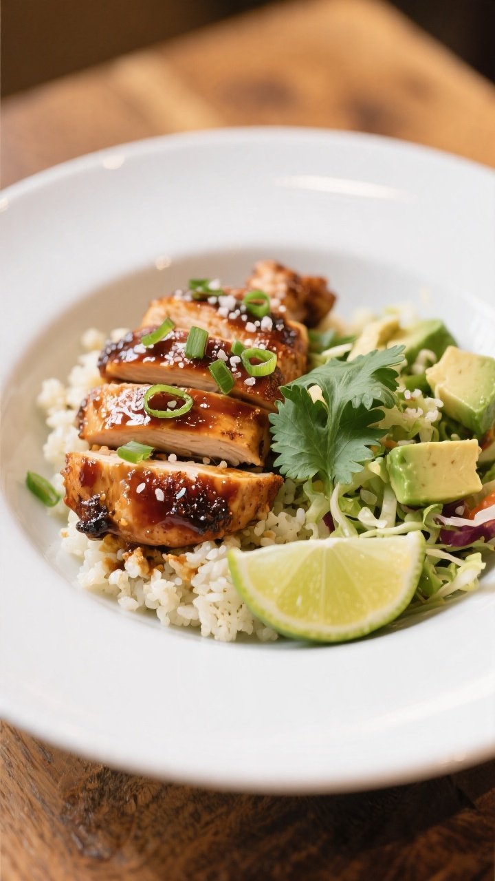 Final plated hero: Restaurant-quality presentation of a single Keto BBQ Chicken Cauliflower Bowl at 