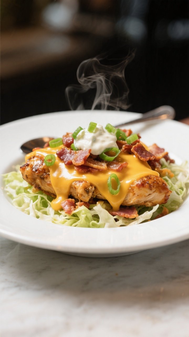 Final plated hero: Restaurant-quality presentation of the loaded chicken on a bed of shredded lettuc