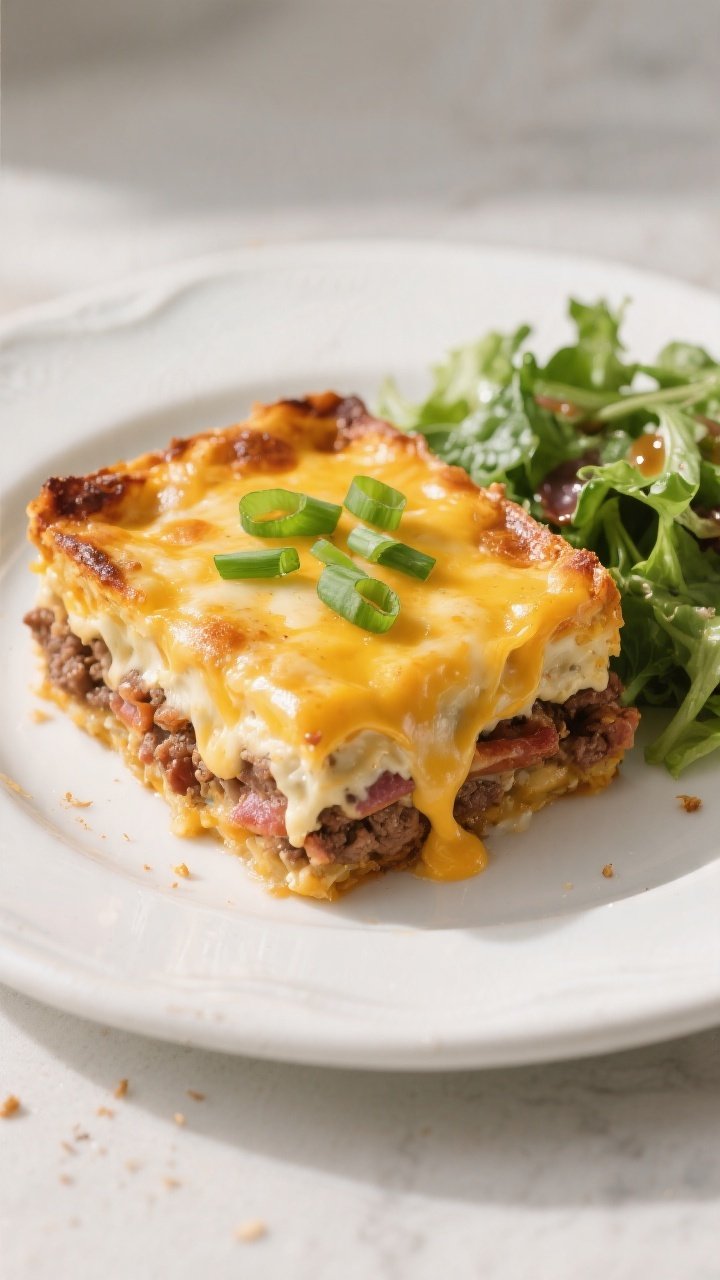Final plated hero shot: A generous square of Keto Crack Burger Casserole just out of the oven, chees