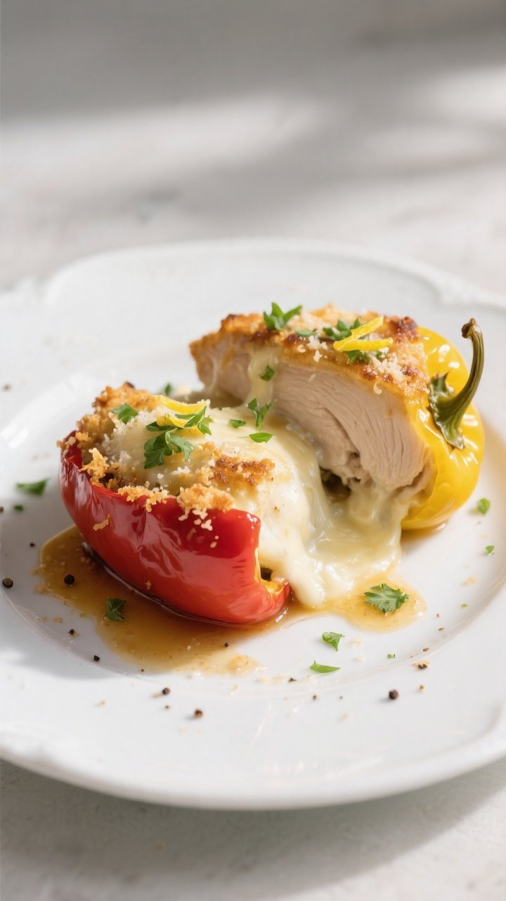 Final plated hero shot: Beautifully plated Garlic Parmesan Chicken Stuffed Peppers—one red and one