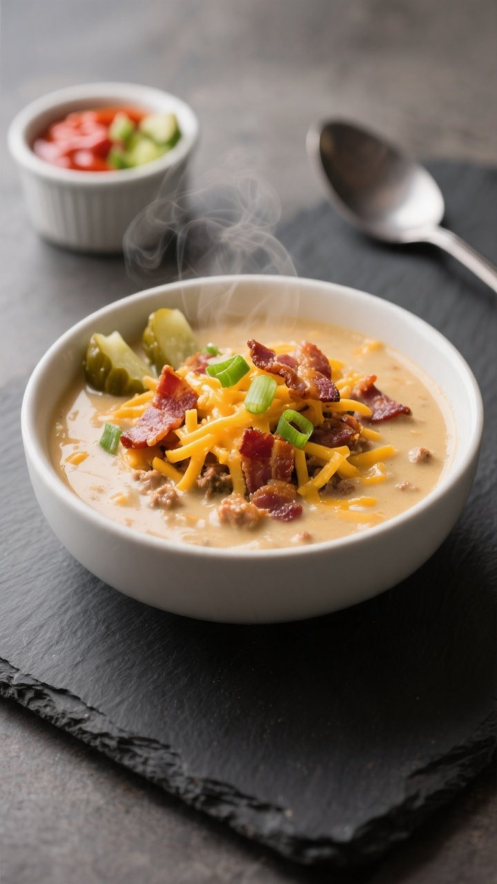 Final plated hero shot: Bowl of Keto Crockpot Creamy Bacon Cheeseburger Soup served hot—luxuriousl
