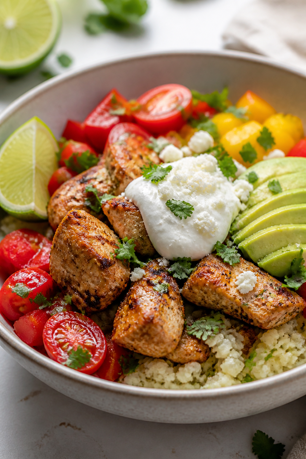 Final plated hero shot, close-up: Fully assembled Low Carb Chicken Taco Bowl in a shallow ceramic bo
