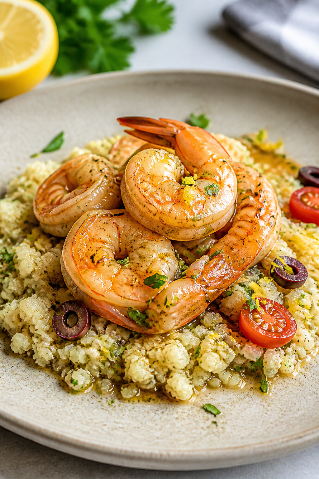 Final plated hero shot: Restaurant-quality presentation of garlic butter shrimp over cauliflower ric