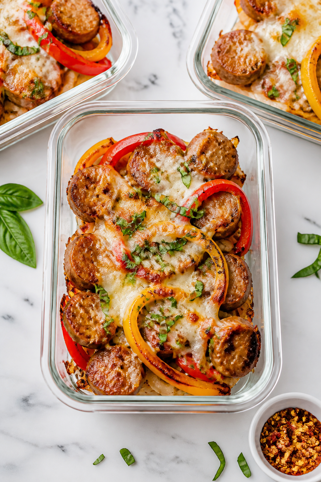 Final plated meal prep: Beautifully plated keto sausage and peppers portioned into a glass meal-prep